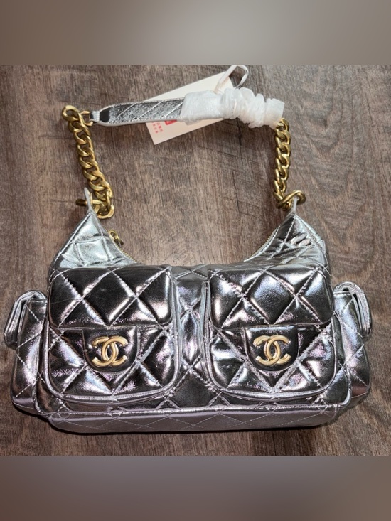 Handbags - Metallic Silver Quilted Duel Pockets, includes box and dustbag - FREE SHIP!